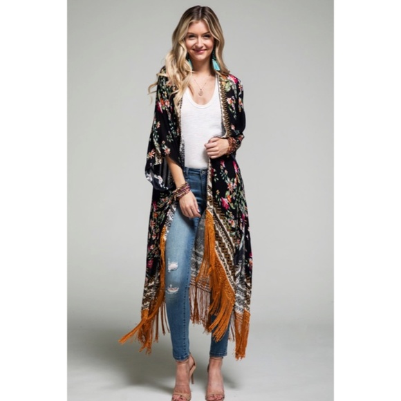 SOLD OUT Gallia Multi Color Floral Boho Ethnic Long Tassel Kimono Open Coverup - Picture 4 of 5